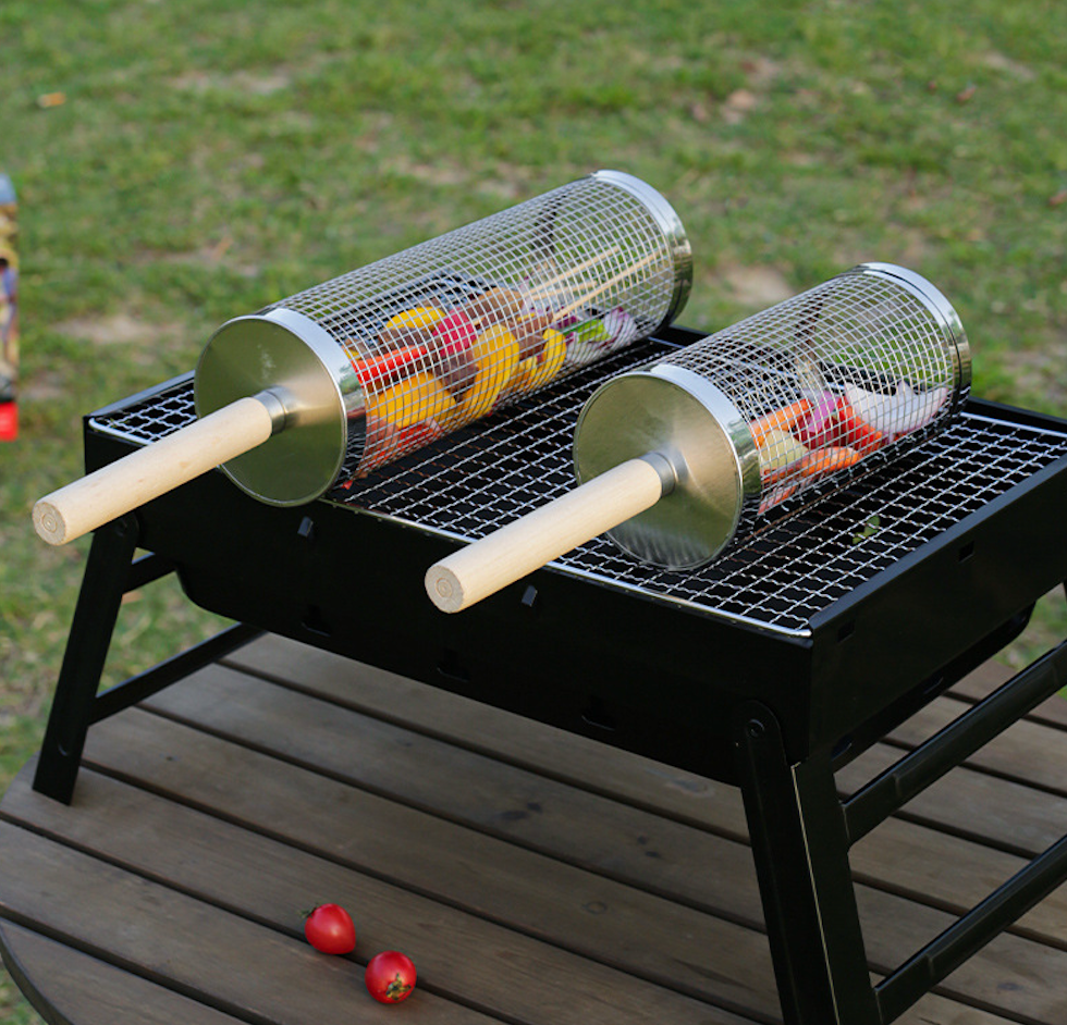 Rollbarer Grillkorb aus Edelstahl mit Holzgriff 9,5 × 35 cm - 1
