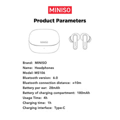 MINISO MS106 Blau Kabellose Bluetooth 6.0-Kopfhörer Hochwertiger Klang IPX5 Wassergeschützt, KI-Sprachübersetzung Ohrhörer, Geeignet für Büro, Sport, Lernen und Telefonate, Integriertes Mikrofon, TWS Ohrhörer
