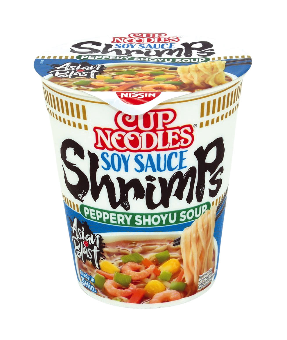 MHD:11.2023 NISSIN Instant Cupnudeln Peppery Shoyu Shrimp-Geschmack 63g