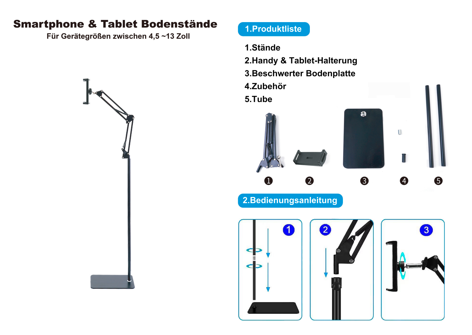 Tablet Bodenständer, Tablet Halterung mit Heavy Duty Base, 360 Grad drehbar, mit Stabilem Metall arm für iPad, Tablets, Telefone oder Andere Geräte