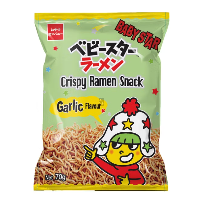 MHD:25.09.2024 Oyatsu Baby Star Crispy Ramen Snack Knoblauch 70g
