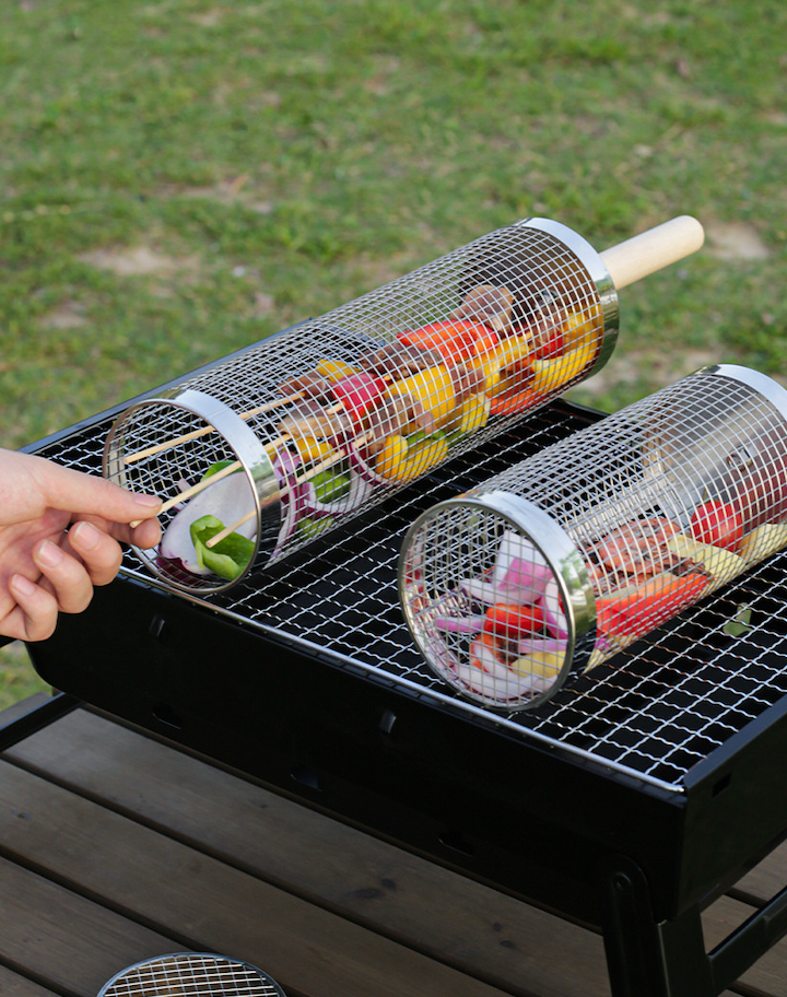 Rollbarer Outdoor-Grillkorb, 304 Edelstahl, Holzgriff, S 9,5×35 cm