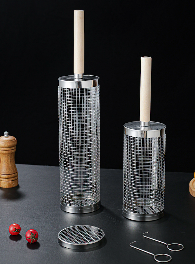 Rollbarer Outdoor-Grillkorb, 304 Edelstahl, Holzgriff, S 9,5×35 cm