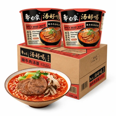 BAIXIANG Lecker Scharfes Rindfleisch-Nudelsuppe 12*102 g (ganzer Karton)
