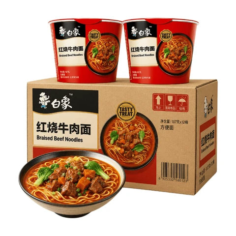 BAIXIANG Köstliche klassische Instantnudeln mit Geschmack nach geschmortem Rindfleisch, 12 Becher (ganzer Karton), 107 g * 12