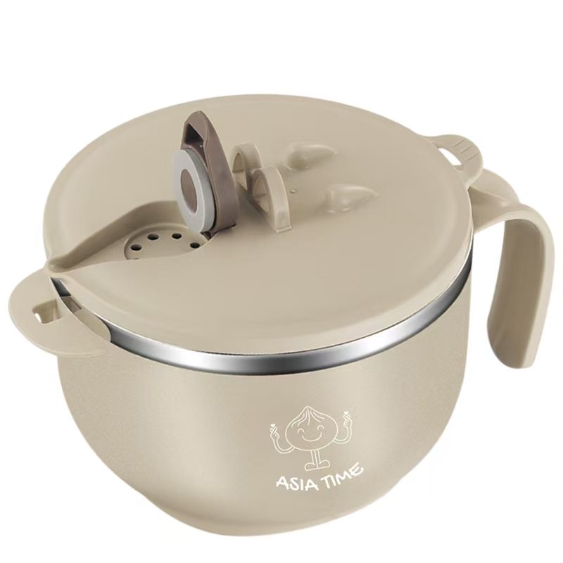 1000ml Doppelschicht Ramen Schüssel mit Deckel und Griff, Groß Nudelschüssel Mikrowelle, Instant Nudeln Schüssel aus Edelstahl, Suppenschüssel für Nudeln, Salat, Suppe - Beige