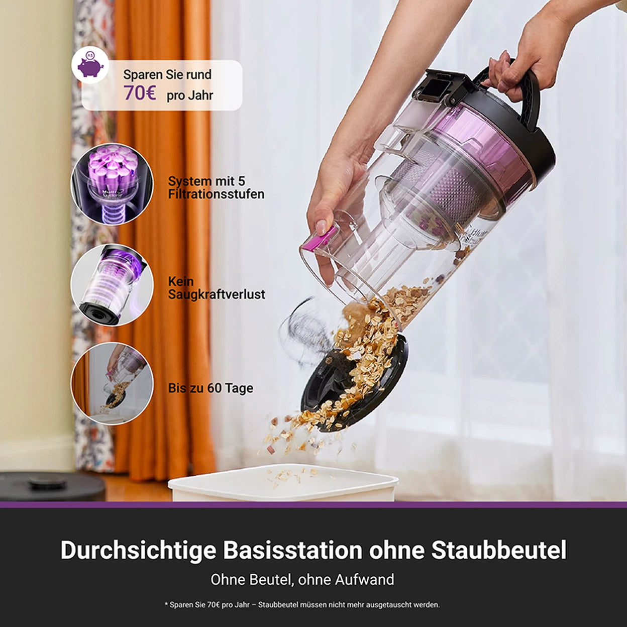 EUREKA E20 Plus Saugroboter mit 8000 Pa Saugkraft und Selbstentleerungsstation, Anti-Verhedderungsfunktion, 3D-Hindernisvermeidung, 180 Min. Laufzeit, DuoDetect KI, Schwarz - 5