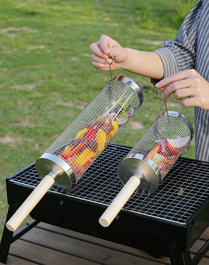 Rollbarer Grillkorb aus Edelstahl mit Holzgriff 9,5 × 35 cm - 3
